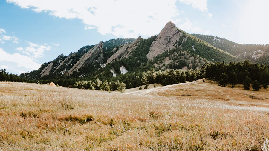 The Flatirons rising above open grassland west of Boulder.